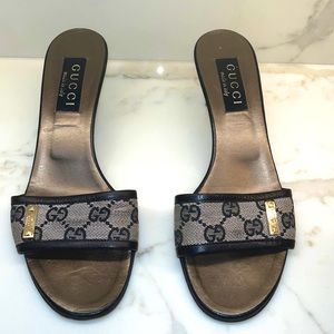 Iconic Gucci Double G Logo Mule high heel Slides Black. Size 7.5